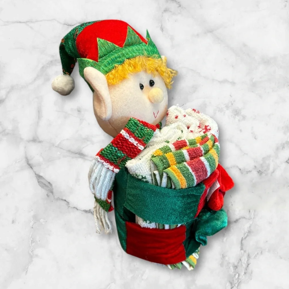 Plush Stuffed Shelf Elf Holding 3 Christmas Tea Towels Kitchen Green Red Holiday